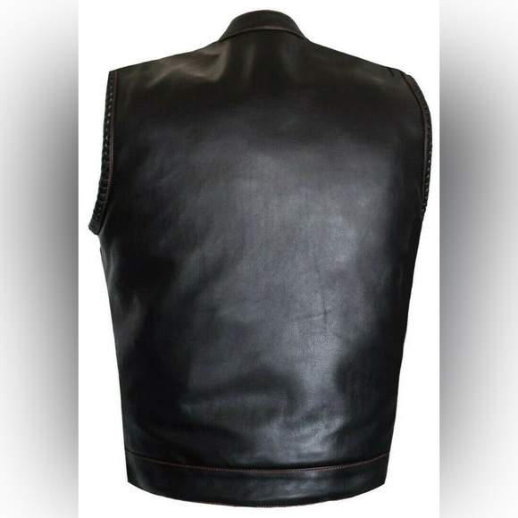 MEN PADDED HUNT CLUB STYLE BLACK STITCHED MOTORCYCLE CONCEAL CARRY LEATHER VEST - Picture 3 of 7